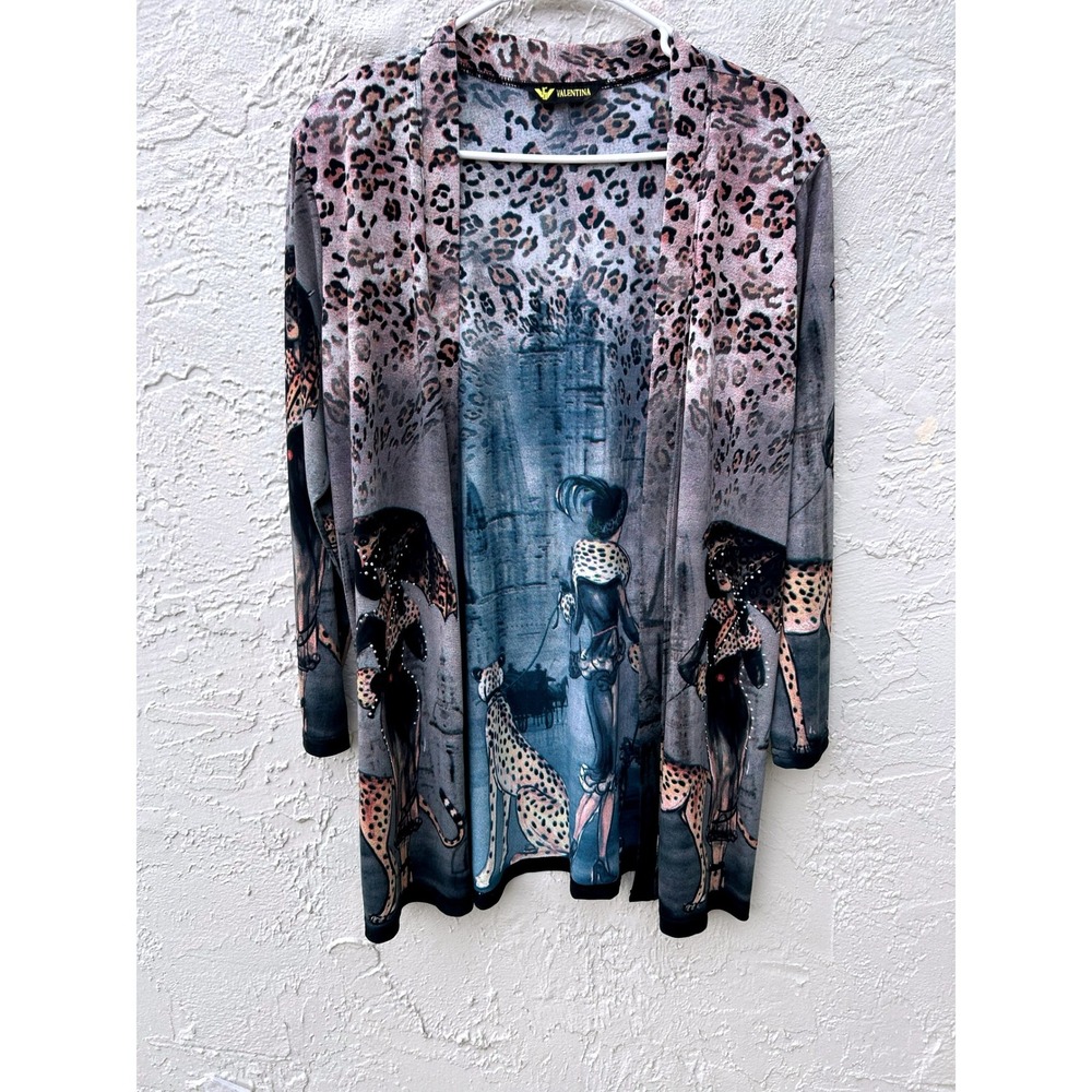 Valentina Graphic Print Cardigan Cheetah Leopard Rhinestone Open Front Wrap M